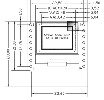0.66 ίντσες IIC OLED οθόνη 16 καρφίτσες με 64x48 Pixels, λευκές/μπλε γραμματοσειρές Ultra-Low Power OLED οθόνη